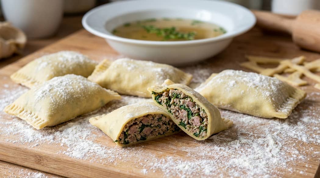 Frisch geformte Maultaschen auf einer bemehlten Arbeitsfläche
